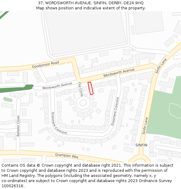 37, WORDSWORTH AVENUE, SINFIN, DERBY, DE24 9HQ: Location map and indicative extent of plot
