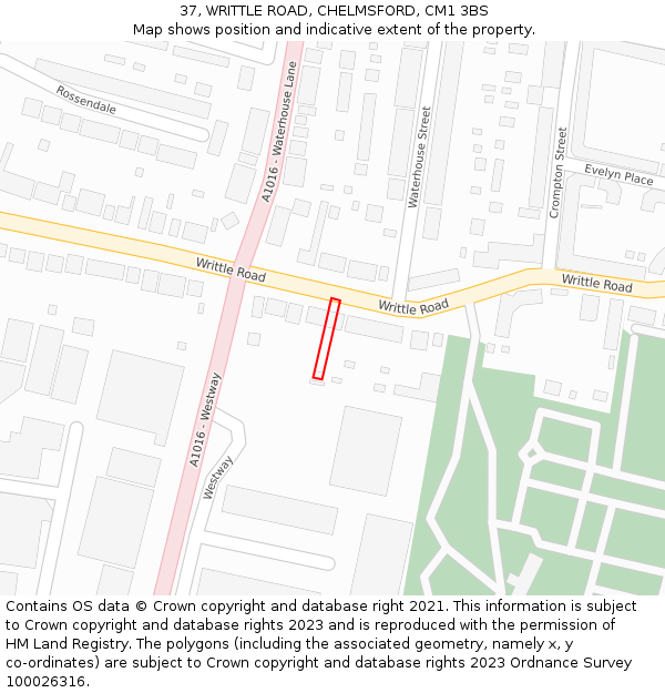 37, WRITTLE ROAD, CHELMSFORD, CM1 3BS: Location map and indicative extent of plot