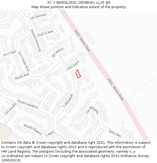 37, Y WEIRGLODD, DENBIGH, LL16 3JS: Location map and indicative extent of plot