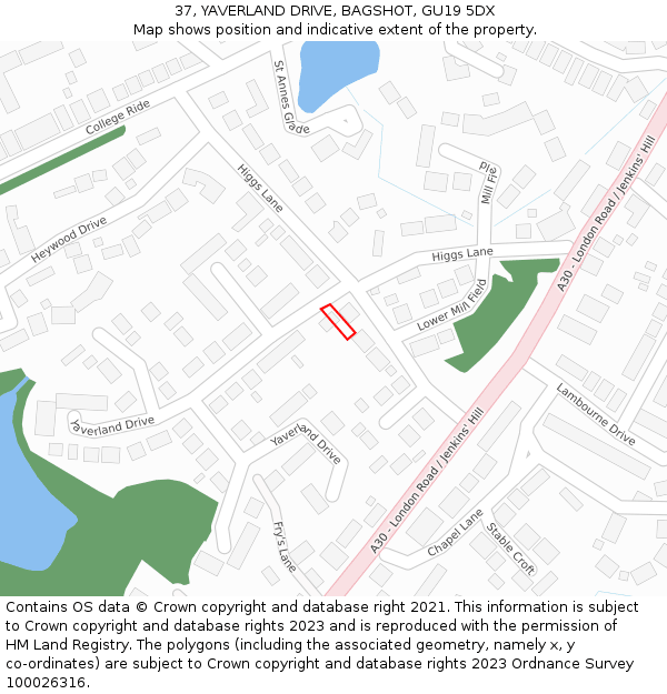 37, YAVERLAND DRIVE, BAGSHOT, GU19 5DX: Location map and indicative extent of plot