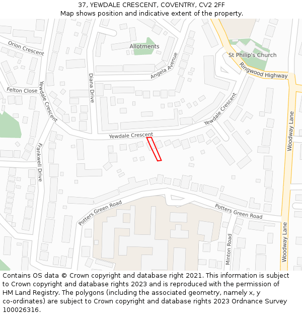 37, YEWDALE CRESCENT, COVENTRY, CV2 2FF: Location map and indicative extent of plot