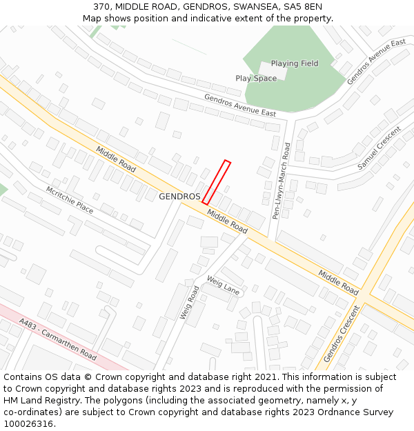 370, MIDDLE ROAD, GENDROS, SWANSEA, SA5 8EN: Location map and indicative extent of plot