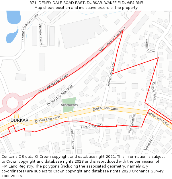 371, DENBY DALE ROAD EAST, DURKAR, WAKEFIELD, WF4 3NB: Location map and indicative extent of plot