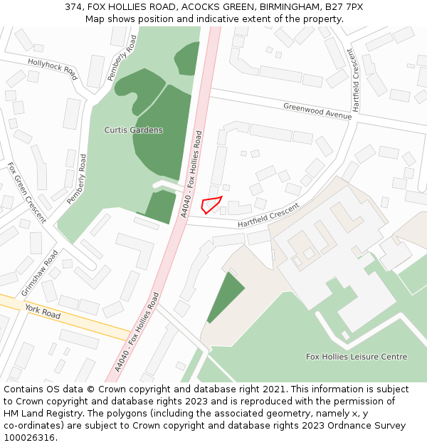 374, FOX HOLLIES ROAD, ACOCKS GREEN, BIRMINGHAM, B27 7PX: Location map and indicative extent of plot