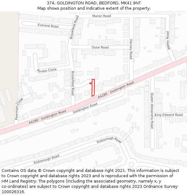 374, GOLDINGTON ROAD, BEDFORD, MK41 9NT: Location map and indicative extent of plot