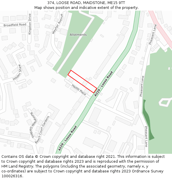 374, LOOSE ROAD, MAIDSTONE, ME15 9TT: Location map and indicative extent of plot