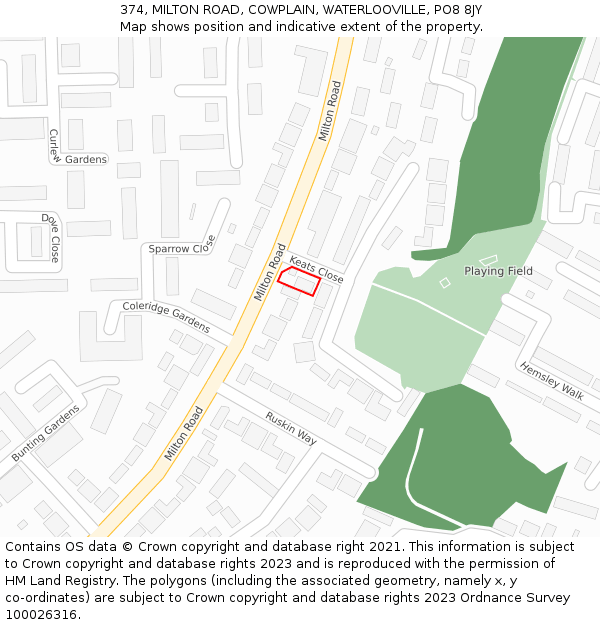 374, MILTON ROAD, COWPLAIN, WATERLOOVILLE, PO8 8JY: Location map and indicative extent of plot