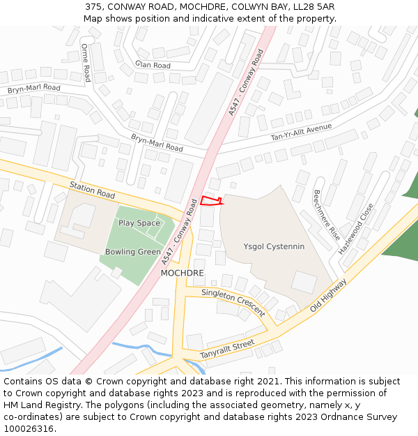 375, CONWAY ROAD, MOCHDRE, COLWYN BAY, LL28 5AR: Location map and indicative extent of plot
