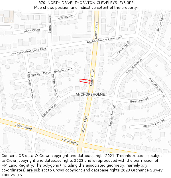 379, NORTH DRIVE, THORNTON-CLEVELEYS, FY5 3PF: Location map and indicative extent of plot