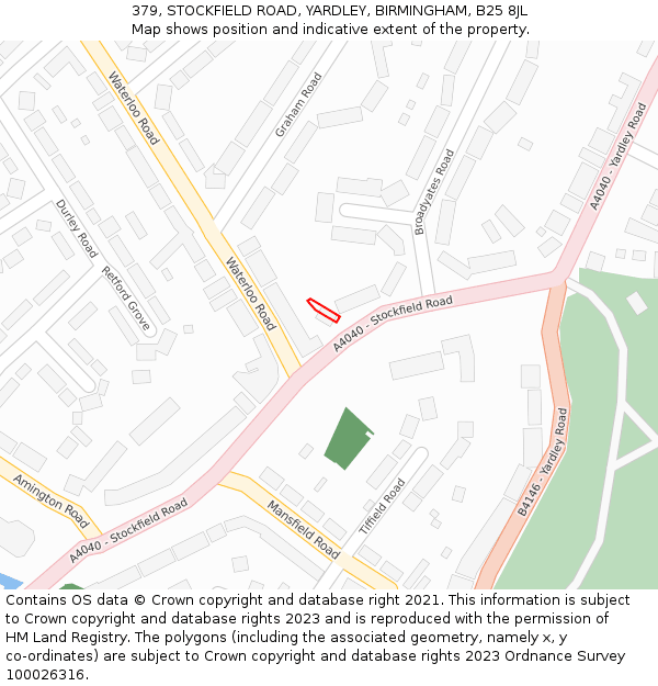 379, STOCKFIELD ROAD, YARDLEY, BIRMINGHAM, B25 8JL: Location map and indicative extent of plot