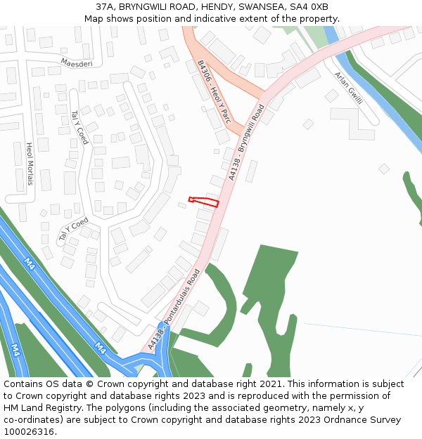 37A, BRYNGWILI ROAD, HENDY, SWANSEA, SA4 0XB: Location map and indicative extent of plot