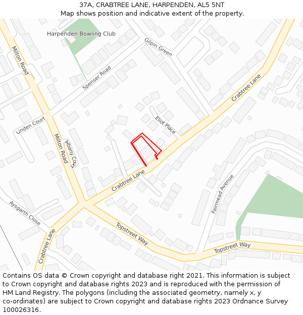 37A, CRABTREE LANE, HARPENDEN, AL5 5NT: Location map and indicative extent of plot