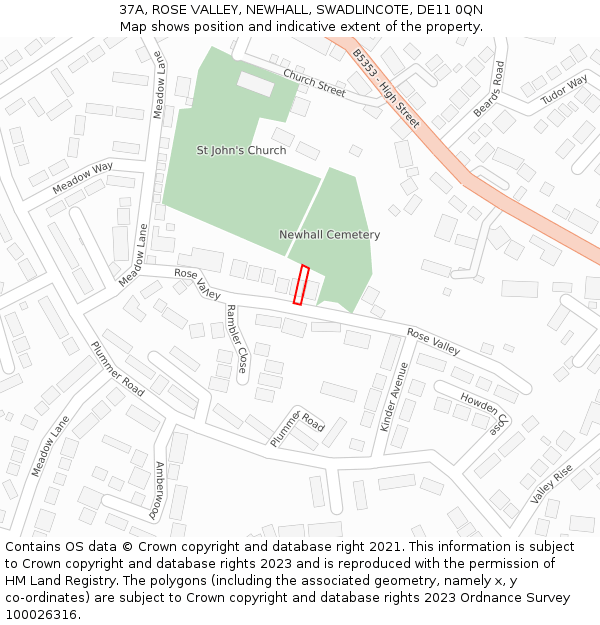 37A, ROSE VALLEY, NEWHALL, SWADLINCOTE, DE11 0QN: Location map and indicative extent of plot