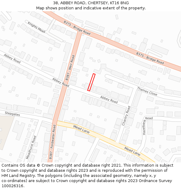 38, ABBEY ROAD, CHERTSEY, KT16 8NG: Location map and indicative extent of plot