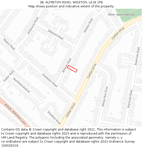 38, ALFRETON ROAD, WIGSTON, LE18 1FB: Location map and indicative extent of plot
