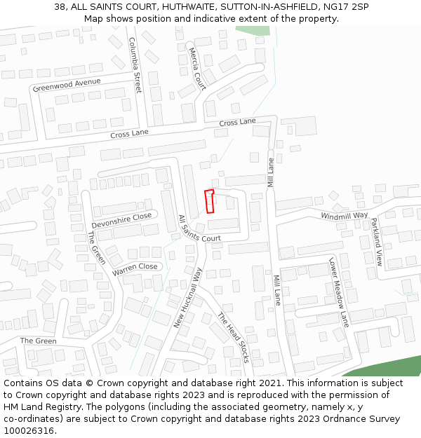 38, ALL SAINTS COURT, HUTHWAITE, SUTTON-IN-ASHFIELD, NG17 2SP: Location map and indicative extent of plot