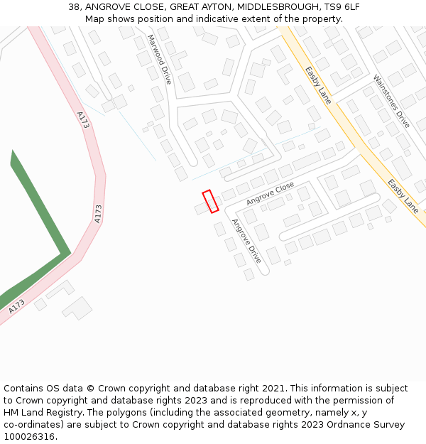 38, ANGROVE CLOSE, GREAT AYTON, MIDDLESBROUGH, TS9 6LF: Location map and indicative extent of plot