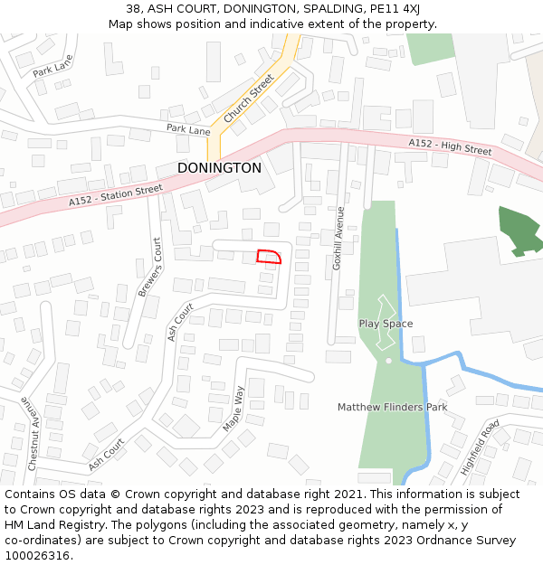 38, ASH COURT, DONINGTON, SPALDING, PE11 4XJ: Location map and indicative extent of plot