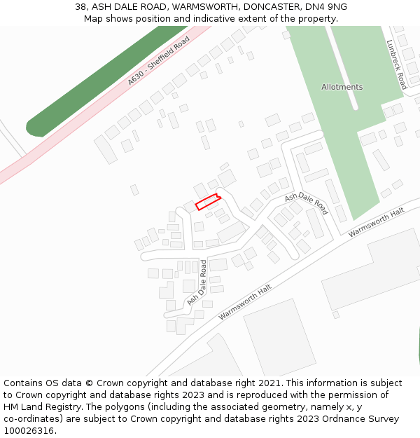 38, ASH DALE ROAD, WARMSWORTH, DONCASTER, DN4 9NG: Location map and indicative extent of plot