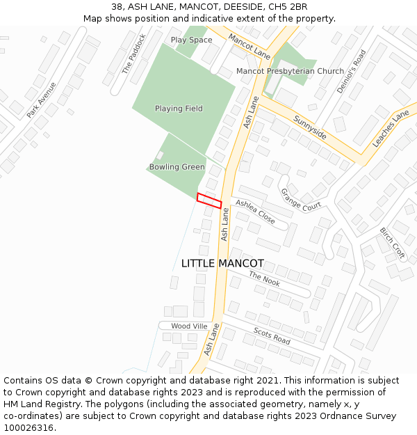 38, ASH LANE, MANCOT, DEESIDE, CH5 2BR: Location map and indicative extent of plot