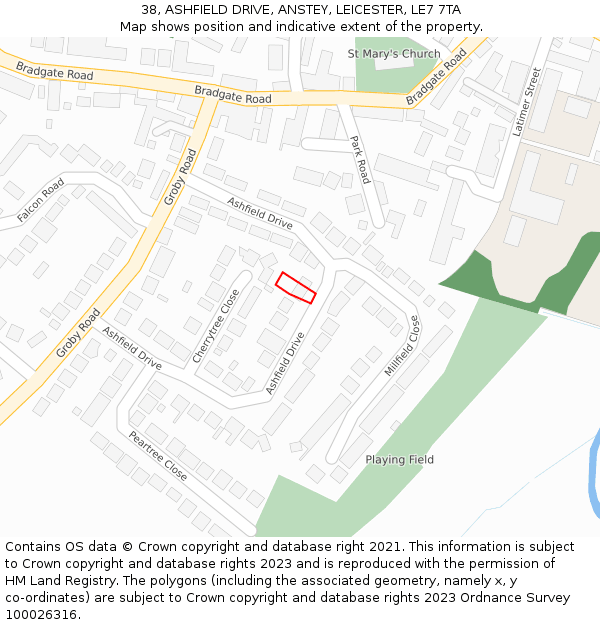 38, ASHFIELD DRIVE, ANSTEY, LEICESTER, LE7 7TA: Location map and indicative extent of plot