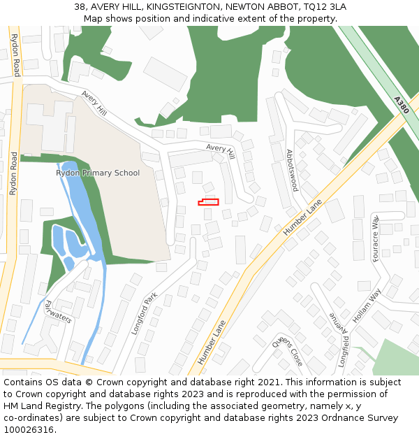 38, AVERY HILL, KINGSTEIGNTON, NEWTON ABBOT, TQ12 3LA: Location map and indicative extent of plot
