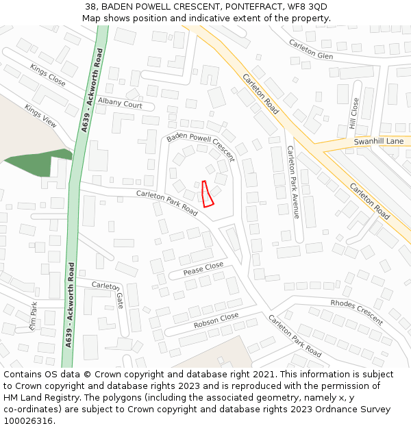 38, BADEN POWELL CRESCENT, PONTEFRACT, WF8 3QD: Location map and indicative extent of plot