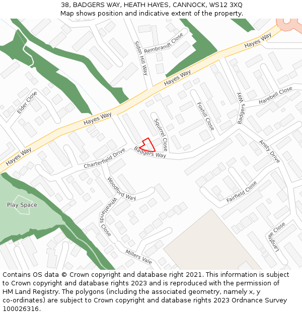 38, BADGERS WAY, HEATH HAYES, CANNOCK, WS12 3XQ: Location map and indicative extent of plot