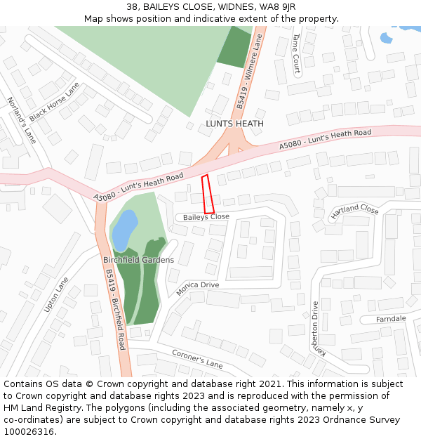 38, BAILEYS CLOSE, WIDNES, WA8 9JR: Location map and indicative extent of plot