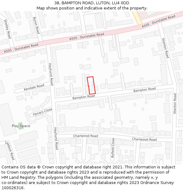 38, BAMPTON ROAD, LUTON, LU4 0DD: Location map and indicative extent of plot