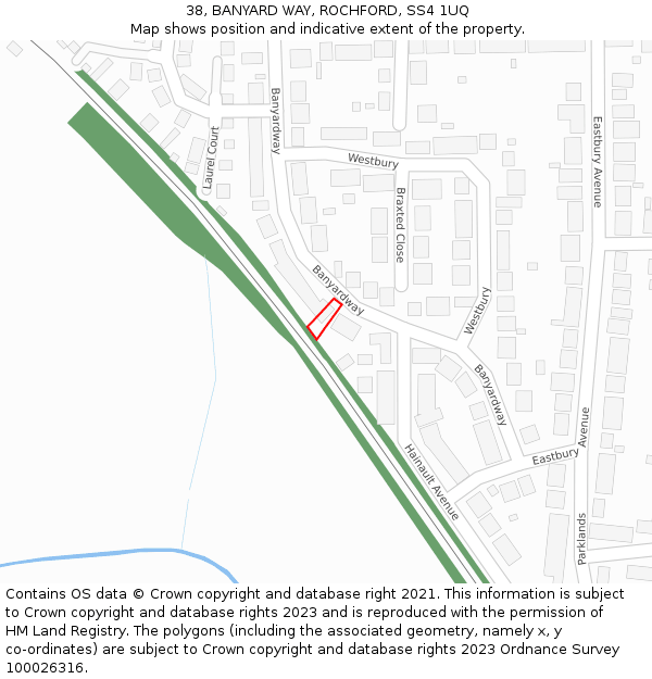 38, BANYARD WAY, ROCHFORD, SS4 1UQ: Location map and indicative extent of plot