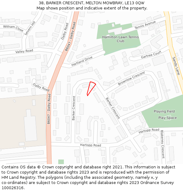 38, BARKER CRESCENT, MELTON MOWBRAY, LE13 0QW: Location map and indicative extent of plot