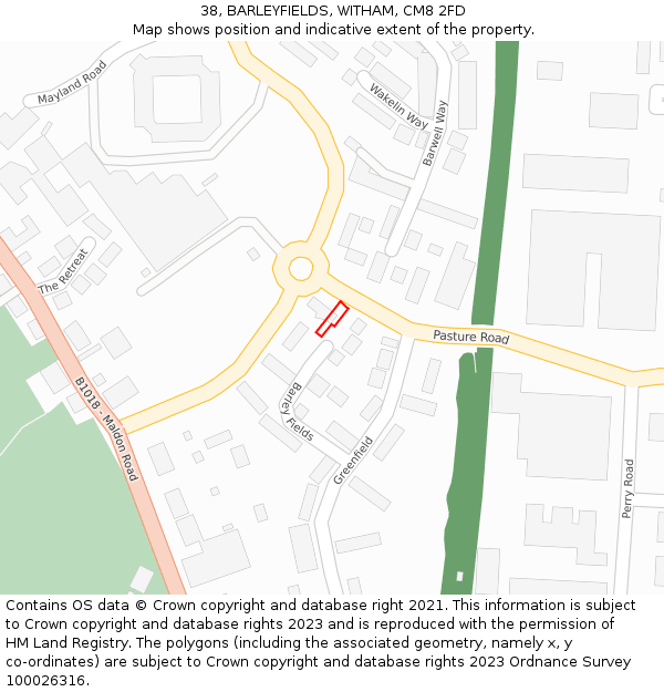 38, BARLEYFIELDS, WITHAM, CM8 2FD: Location map and indicative extent of plot