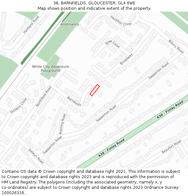 38, BARNFIELDS, GLOUCESTER, GL4 6WE: Location map and indicative extent of plot