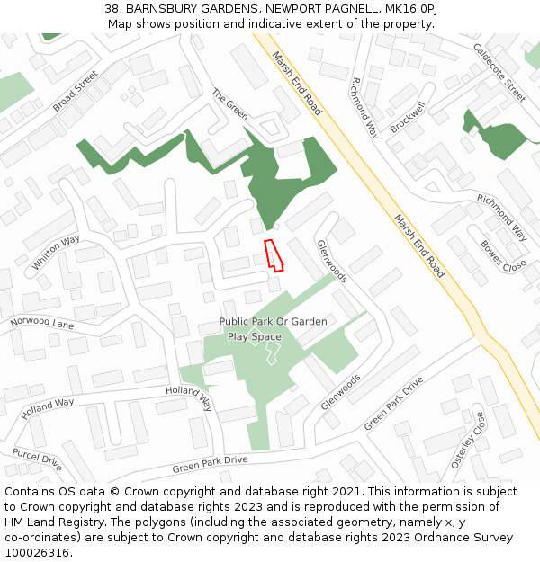 38, BARNSBURY GARDENS, NEWPORT PAGNELL, MK16 0PJ: Location map and indicative extent of plot