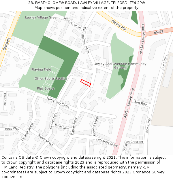 38, BARTHOLOMEW ROAD, LAWLEY VILLAGE, TELFORD, TF4 2PW: Location map and indicative extent of plot