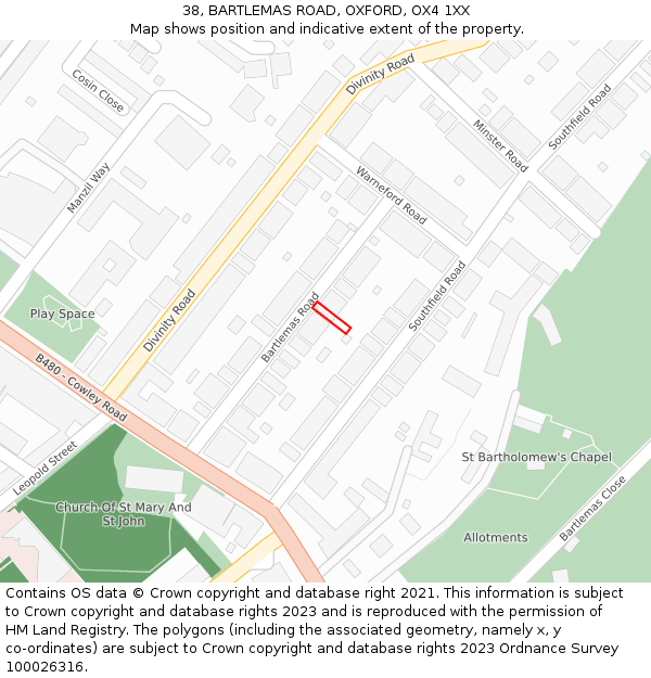 38, BARTLEMAS ROAD, OXFORD, OX4 1XX: Location map and indicative extent of plot