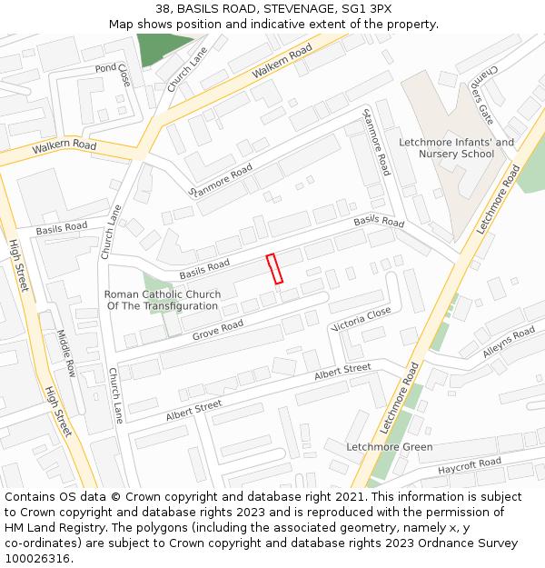 38, BASILS ROAD, STEVENAGE, SG1 3PX: Location map and indicative extent of plot