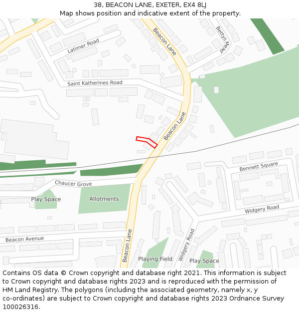 38, BEACON LANE, EXETER, EX4 8LJ: Location map and indicative extent of plot