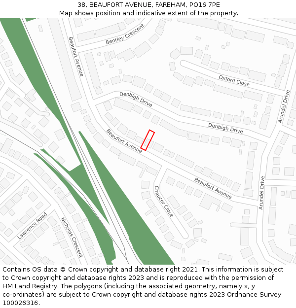 38, BEAUFORT AVENUE, FAREHAM, PO16 7PE: Location map and indicative extent of plot