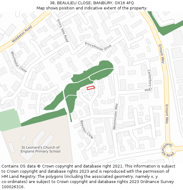 38, BEAULIEU CLOSE, BANBURY, OX16 4FQ: Location map and indicative extent of plot