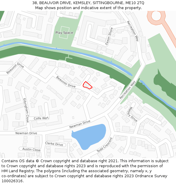 38, BEAUVOIR DRIVE, KEMSLEY, SITTINGBOURNE, ME10 2TQ: Location map and indicative extent of plot