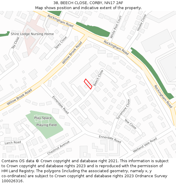 38, BEECH CLOSE, CORBY, NN17 2AF: Location map and indicative extent of plot