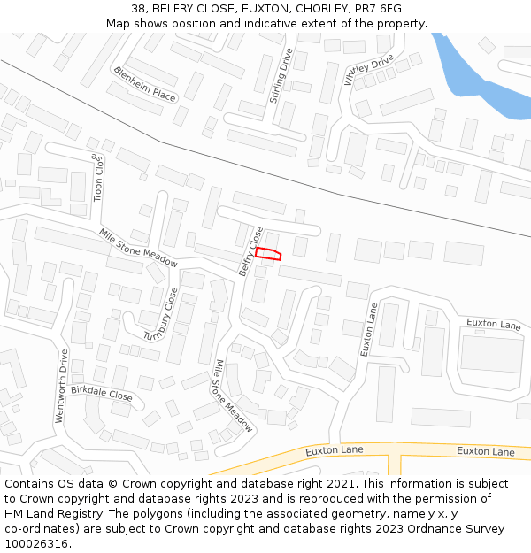 38, BELFRY CLOSE, EUXTON, CHORLEY, PR7 6FG: Location map and indicative extent of plot