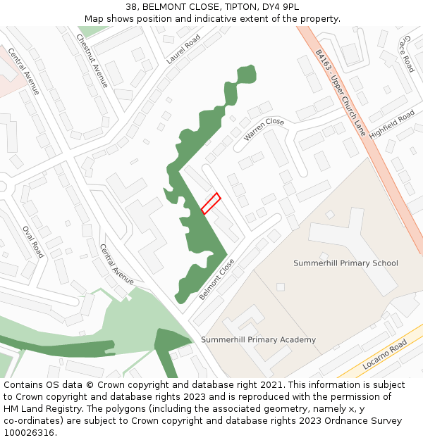 38, BELMONT CLOSE, TIPTON, DY4 9PL: Location map and indicative extent of plot