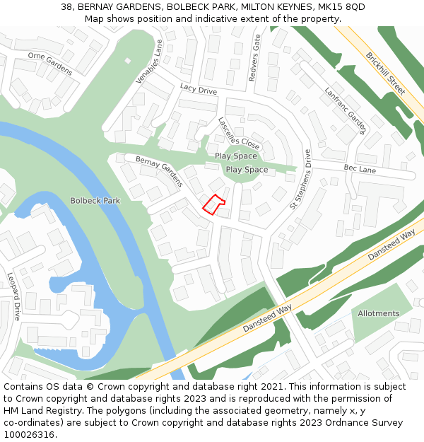 38, BERNAY GARDENS, BOLBECK PARK, MILTON KEYNES, MK15 8QD: Location map and indicative extent of plot