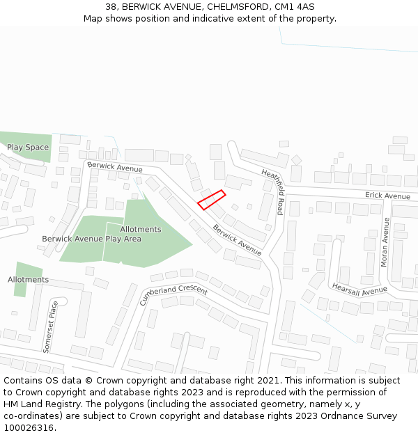 38, BERWICK AVENUE, CHELMSFORD, CM1 4AS: Location map and indicative extent of plot