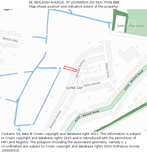 38, BEXLEIGH AVENUE, ST LEONARDS-ON-SEA, TN38 8BB: Location map and indicative extent of plot