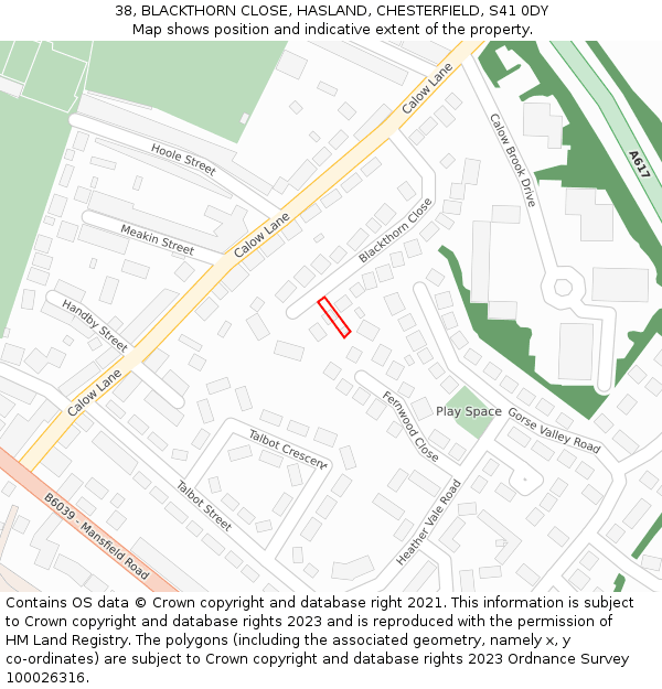 38, BLACKTHORN CLOSE, HASLAND, CHESTERFIELD, S41 0DY: Location map and indicative extent of plot