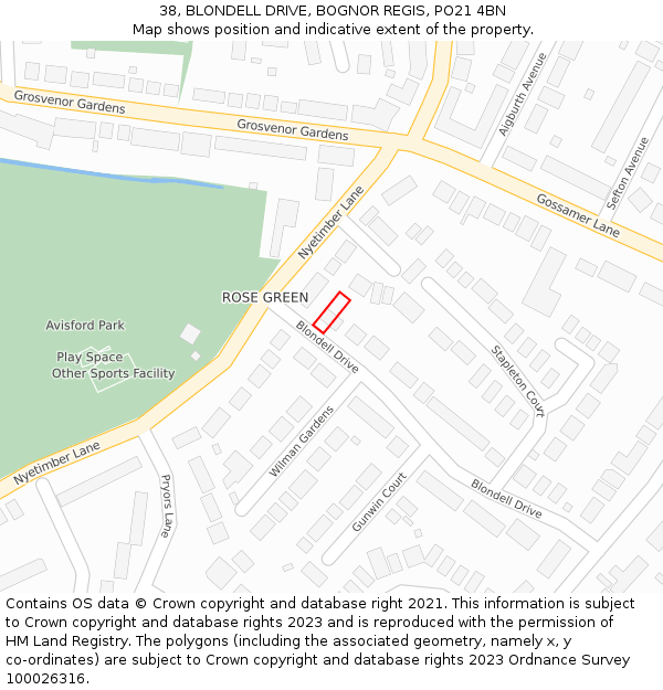 38, BLONDELL DRIVE, BOGNOR REGIS, PO21 4BN: Location map and indicative extent of plot